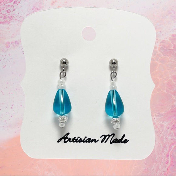 Hand Crafted Jewelry - Teal Teardrop & White Beads | Small Dangle | Stud Earrings | Hypoallergenic